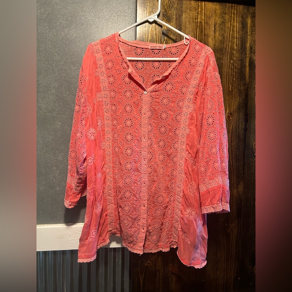 Johnny Was Embroidered Pink Button up Blouse